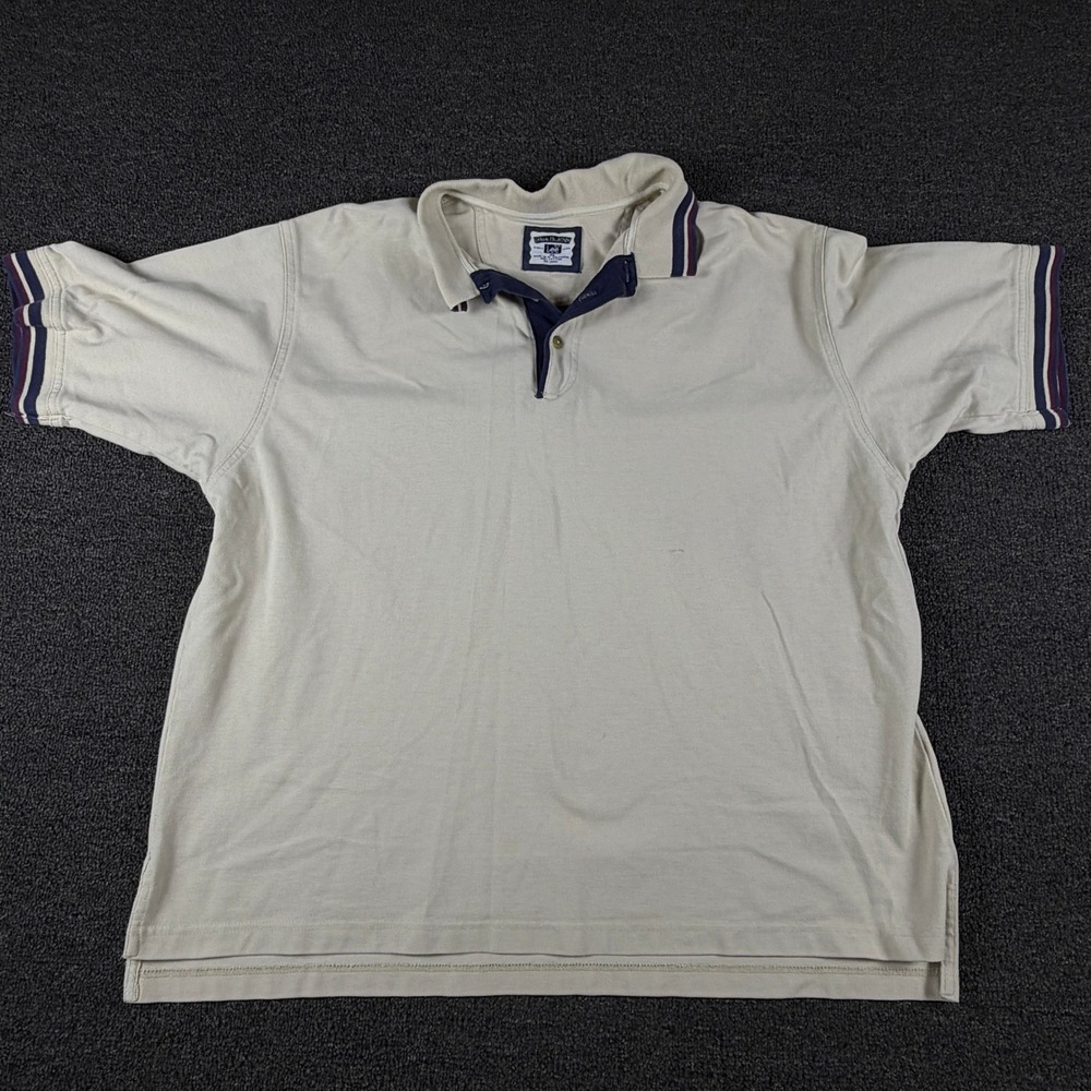 Lee Polo Shirt Mens XL Casual Collection Beige Striped Trim Short Sleeve EUC